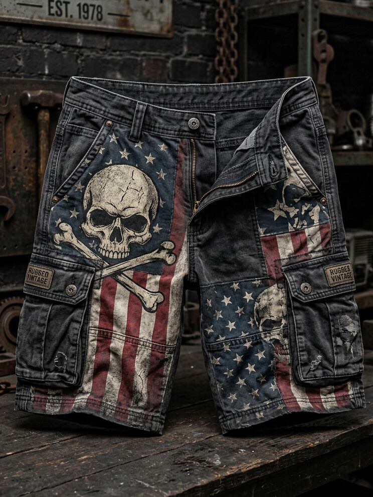 Men's Skeleton Dark Art American Flag Print Casual Shorts