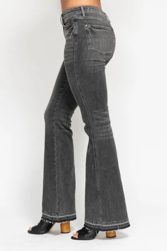Blue Full Size Midi Rise Tummy Control Washed Gray Release Hem Flare Jeans Plus Size