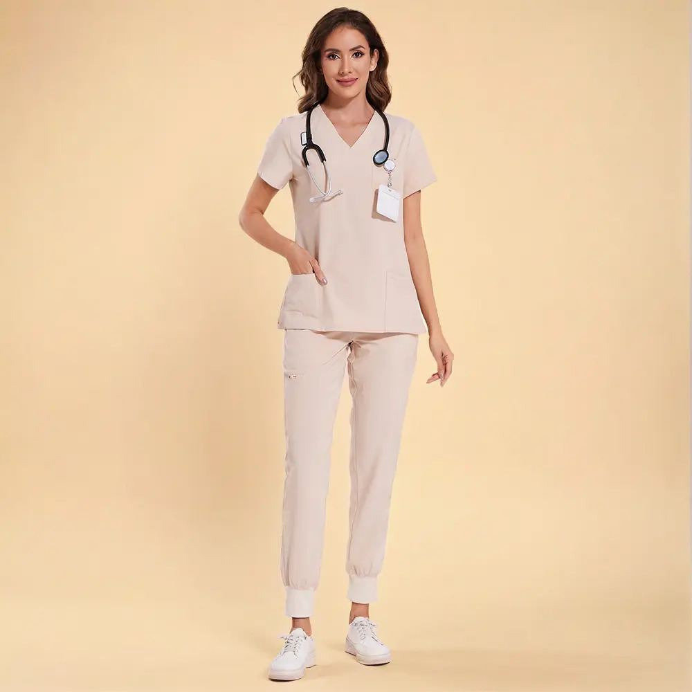 Women's Set — Stretch V-Neck Scrub Top and Jogger-Style Scrub Pants (8 Pockets)