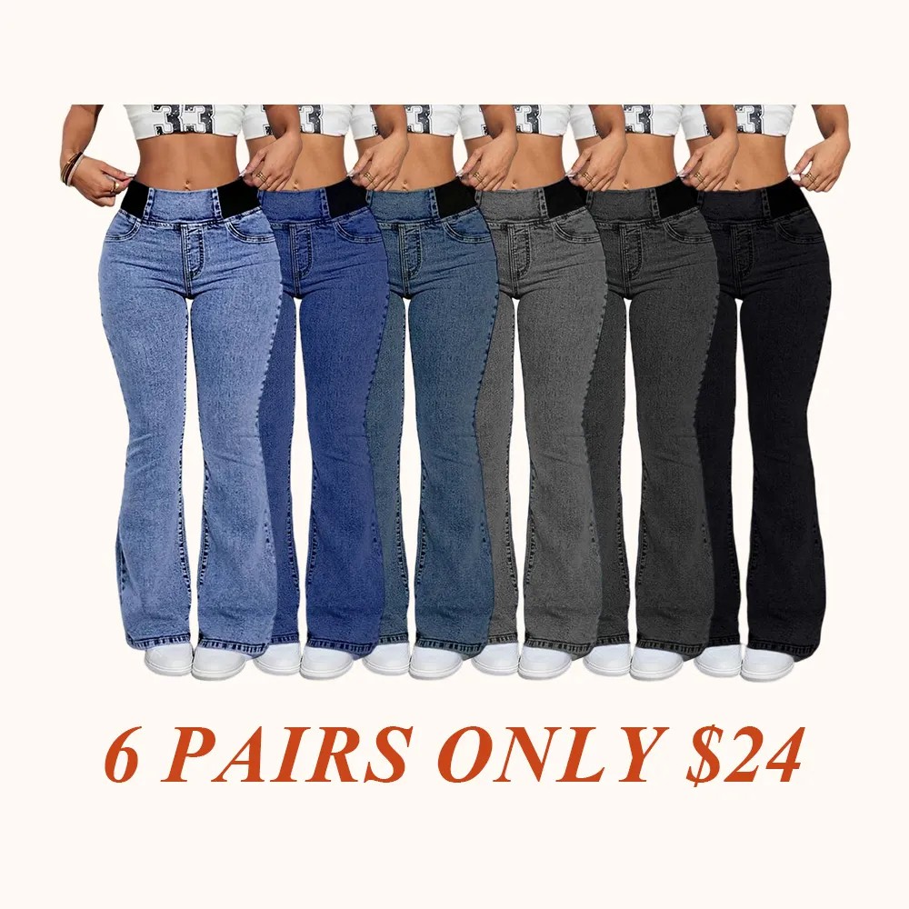 Women's Denim Print Flare Pants, Fashionable Long Jeans for Women