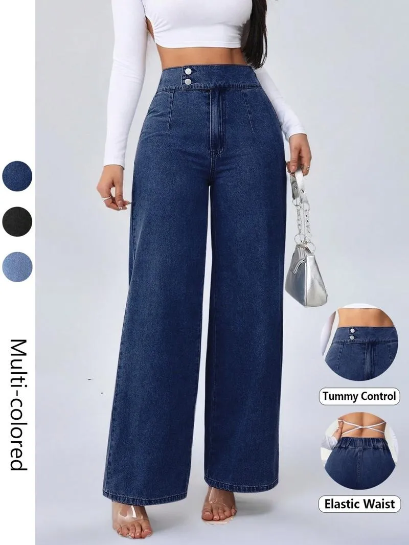 Women's vintage elegant high-waisted wide-leg jeans