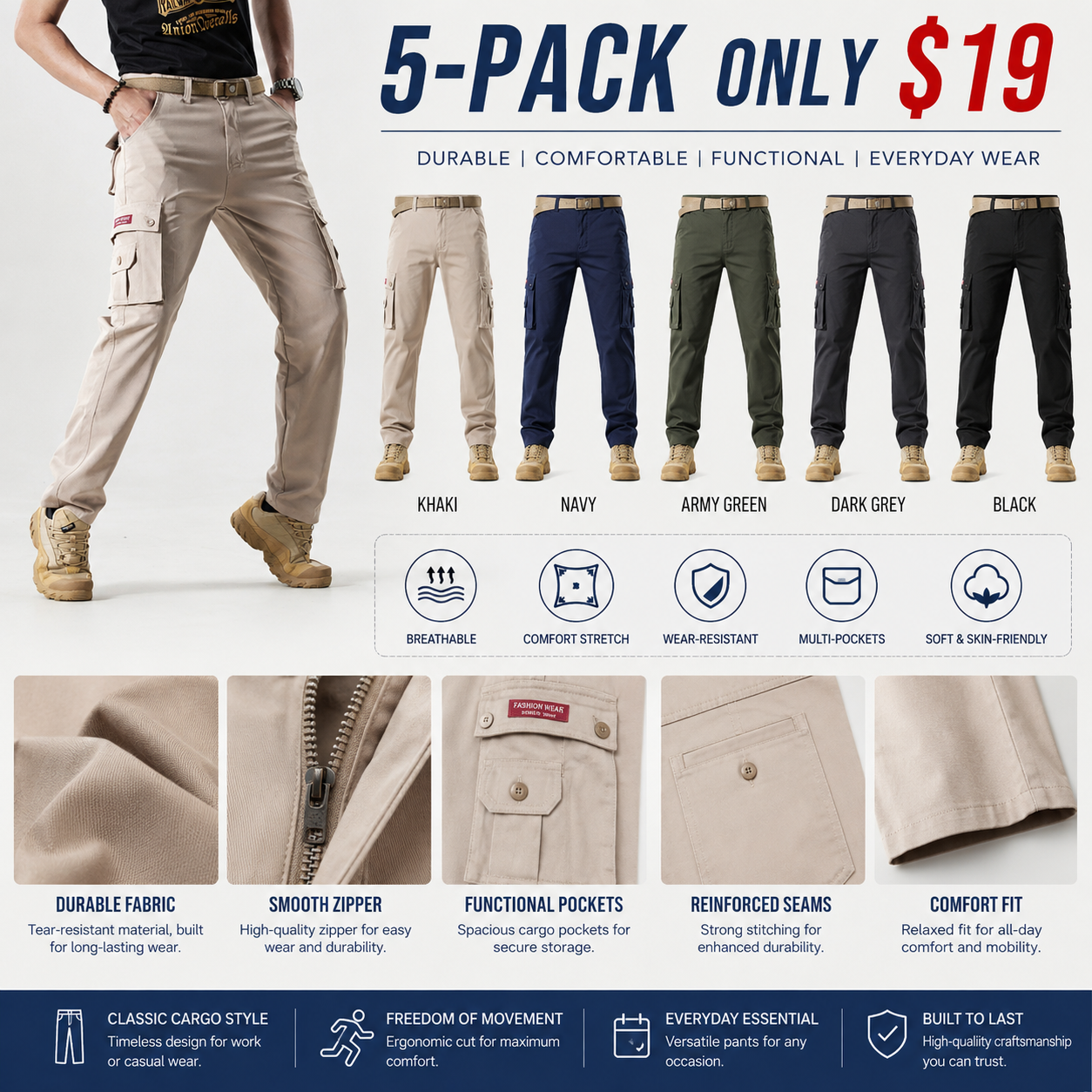Men's Casual Cargo Pants, Workout Joggers, Relaxed Fit Stretch, Hiking Pants with Multi Pockets