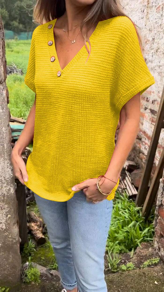 Women Summer Casual Knitted Cotton and Linen V-neck Top