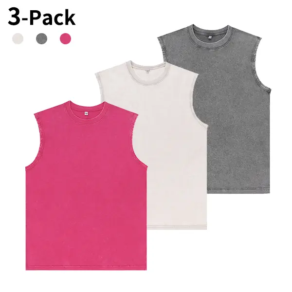 3-Pack Vintage Acid Wash Tank Tops, Heavyweight Cotton Unisex Sleeveless Shirts