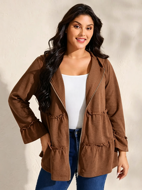 Women's Solid Dim Gray Polyester Quilted Puffer Coat - Fitted, Tiered Ruffled Edges, Zipper Closure, Pockets, Long Sleeves, Casual Clothes, Casualwear Outerwear