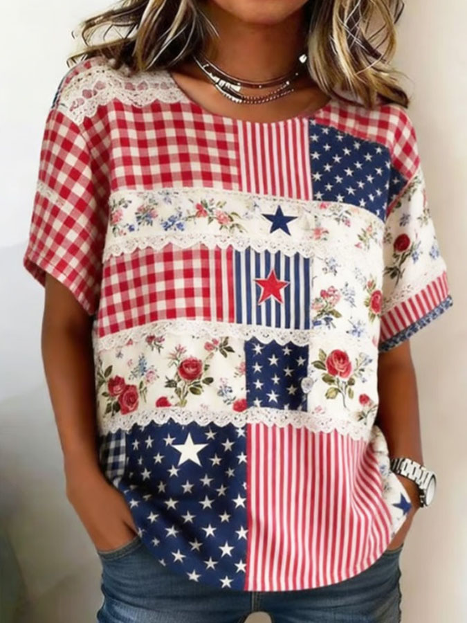Women's Retro American Independence Day Commemorative Printed Round Neck Short Sleeve T-shirt