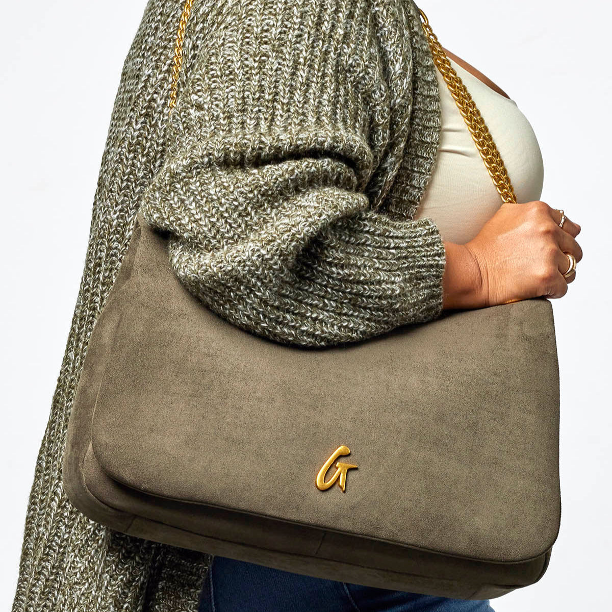 LARGE SUEDE FLAP BAG - OLIVE GREEN