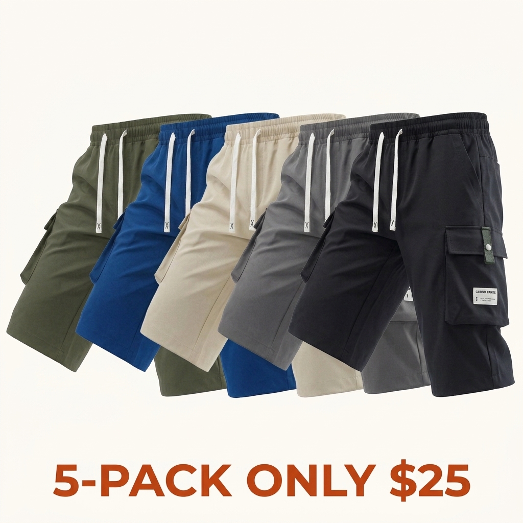 Men’s Cargo Shorts, 7/8 Length, Summer Drawstring Waist, Large Pockets