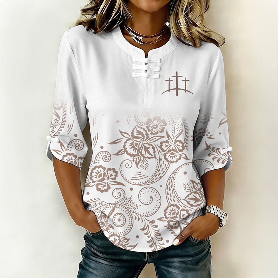 Women'S Retro Faith Printed Cotton And Hemp Design Casual Top