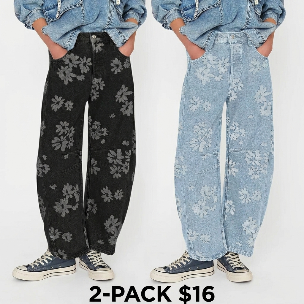 Women's Y2K Floral Printed Wide Leg Jeans – Loose Boyfriend Style Barrel Denim