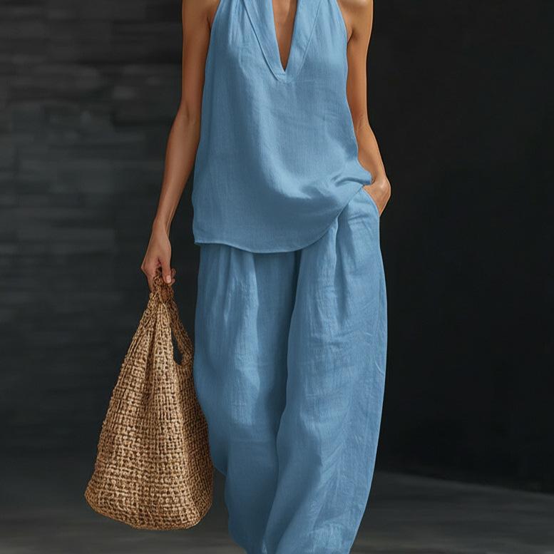 Boho Halter Neck Two Piece Set-Sleeveless Top Wide Leg Pants Set