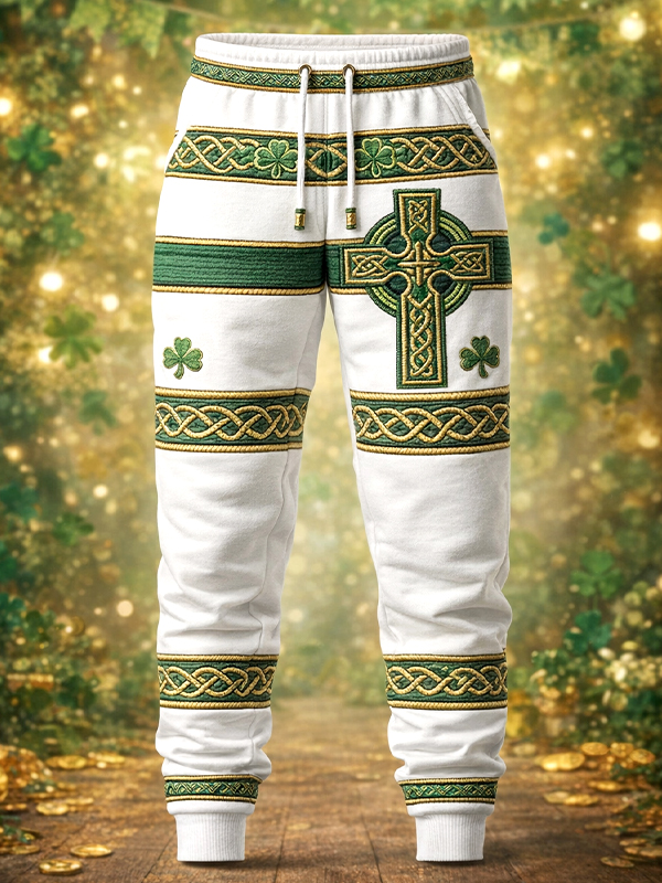 Men's St. Patrick's Day Shamrock Celtic Crucifix Clover Art Print Casual Corduroy Pants