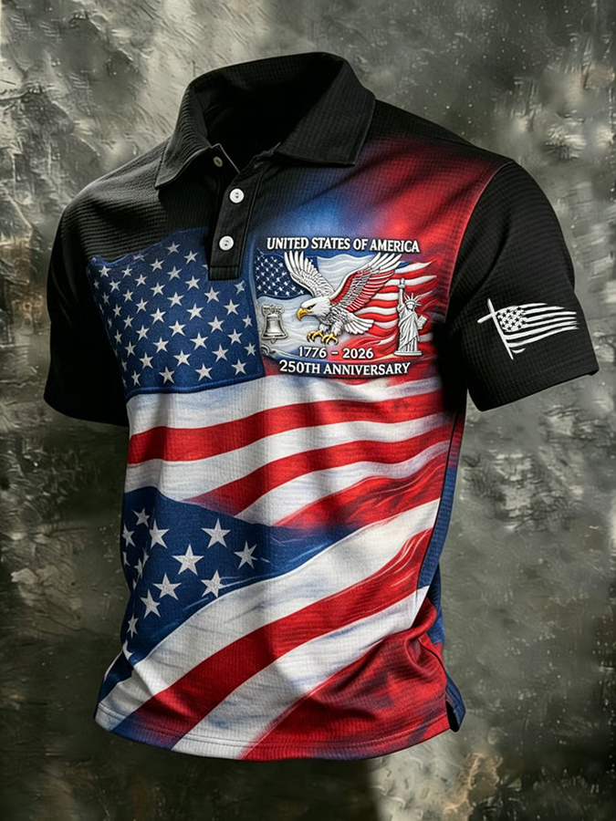 Men'S Casual American Flag Gradient Personalized Printed Short Sleeved Polo Shirt