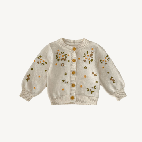 Embroidered Floral Beige Knit Cardigan