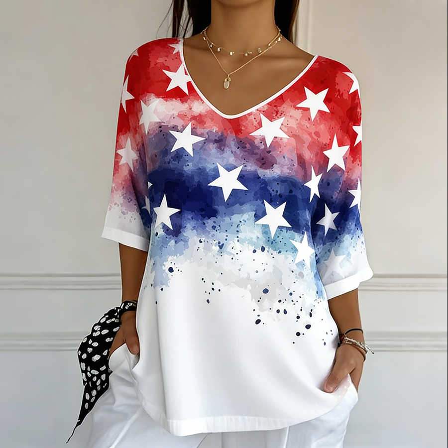 Ladies' Casual American Flag Print V-Neck Half Sleeved T-Shirt