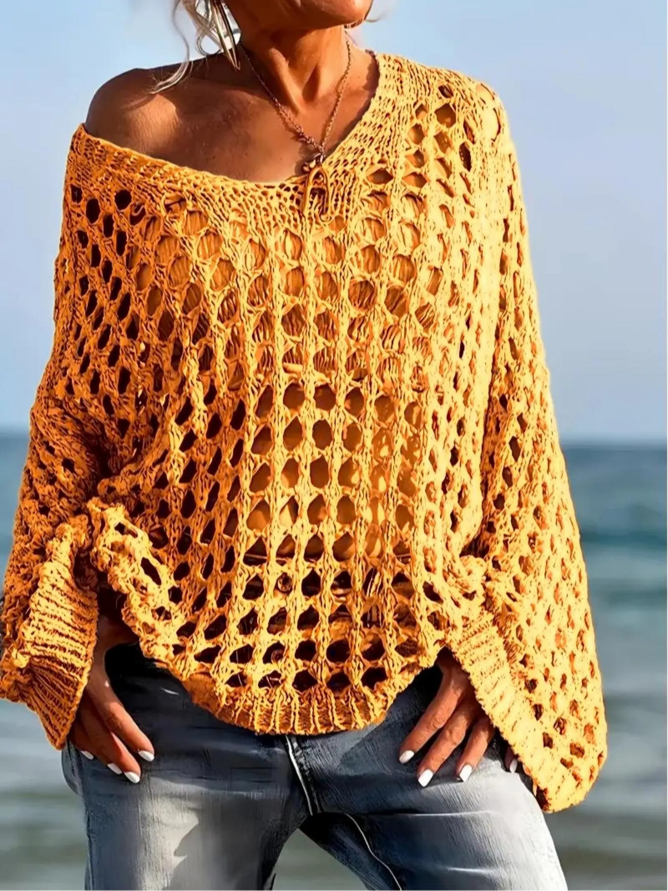 Women’s Casual Loose-Fit V-Neck Knit Top – Hollow Out Design, All-Season Wear
