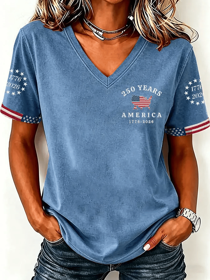 Women's America 250 Years 1776-2026 Print V Neck T-shirt