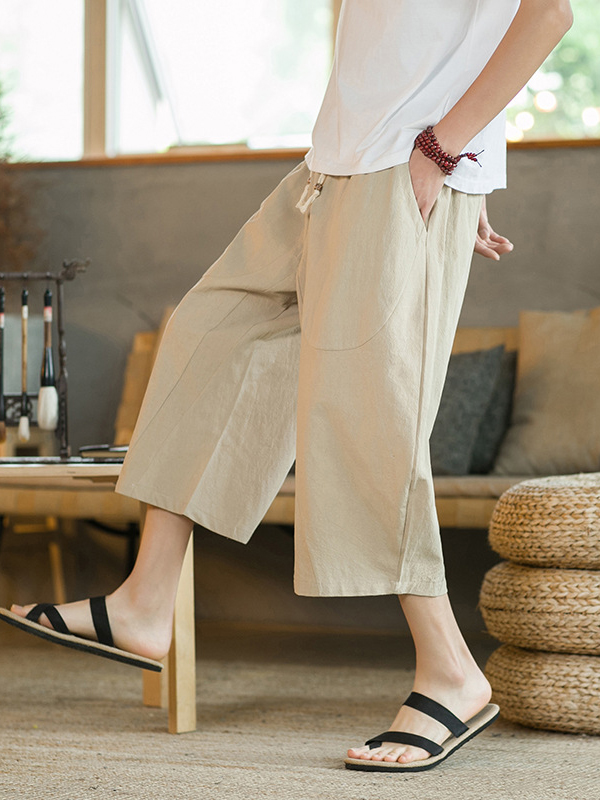 Men's Casual Linen Loose Fit Elastic Waist Wide Leg Harem Capri Pants