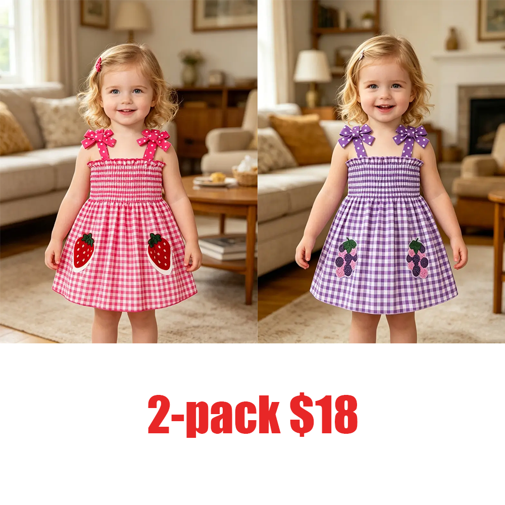 🌞 Cute & Sweet Summer Set for Girls! Plaid & Fruit Prints, Bow Shoulder Straps, 4-Piece Versatile Kids' Outfit for Summer Fun! 👗🍉