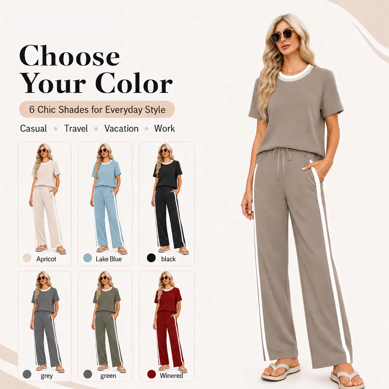 2 Piece Lounge Sets for Women Matching Set Summer Outfits Short Sleeve Tops Wide Leg Pants with Pockets