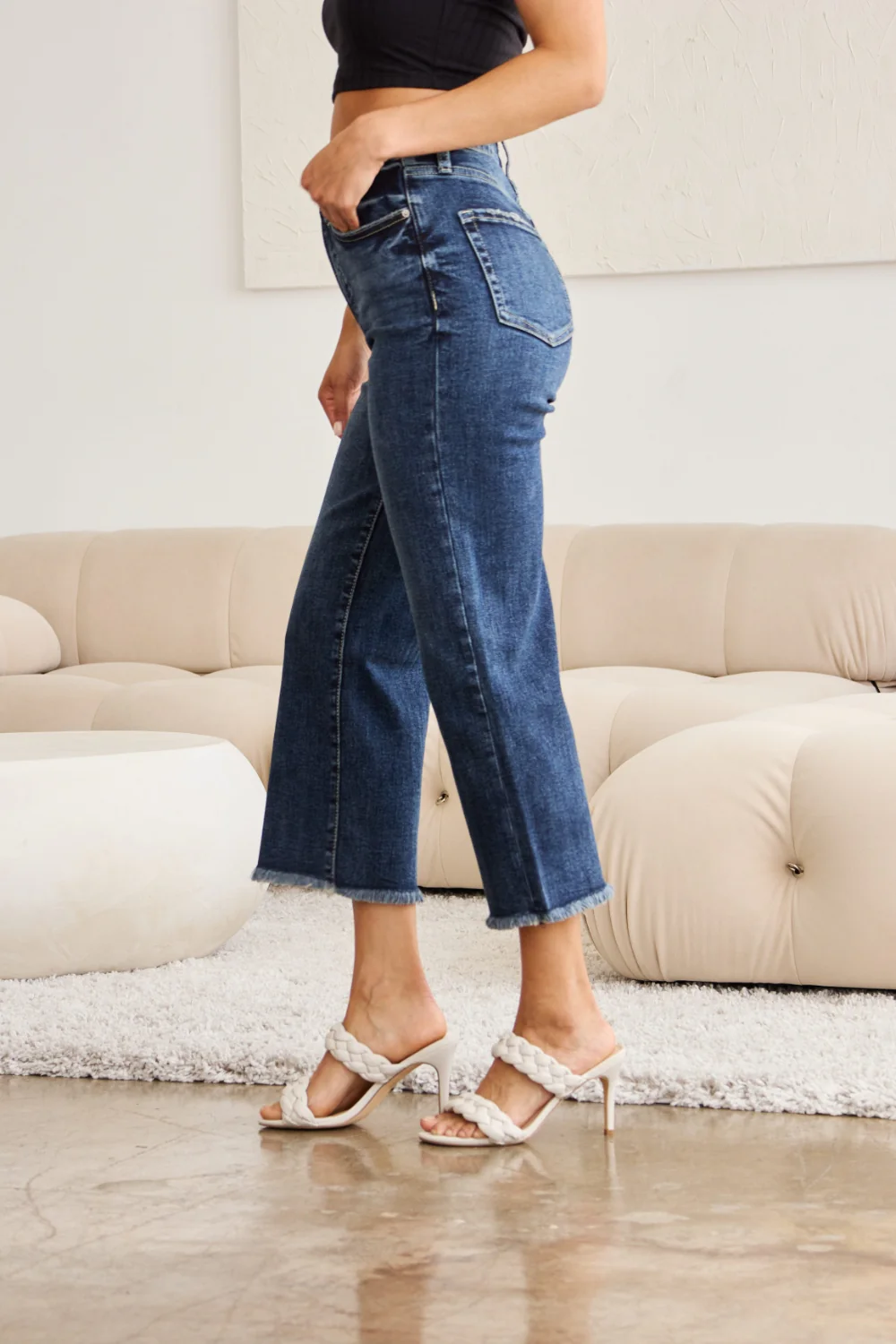 Full Size Tummy Control High Waist Raw Hem Distressed Jeans