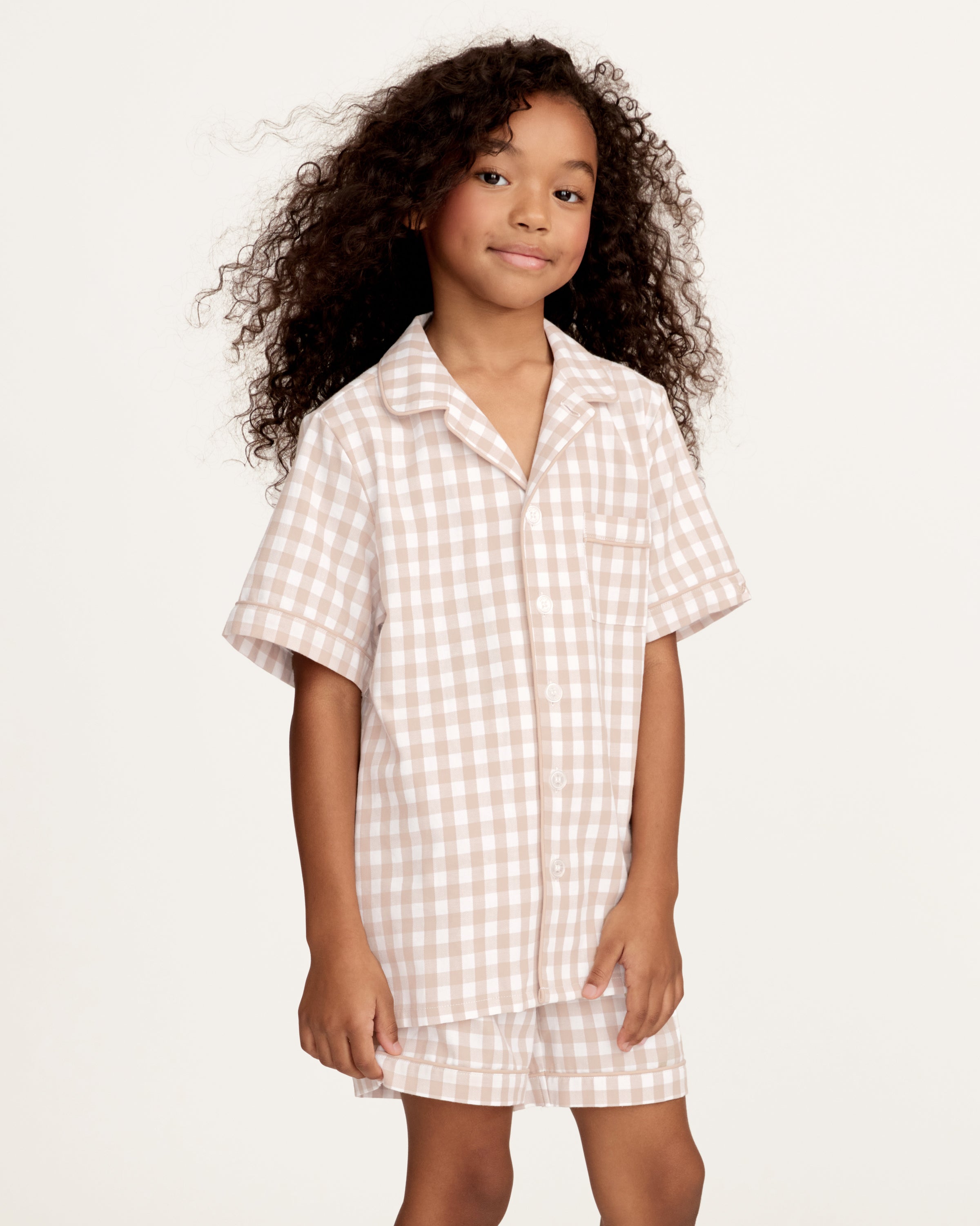 Kid's Twill Pajama Short Set in Camel Gingham