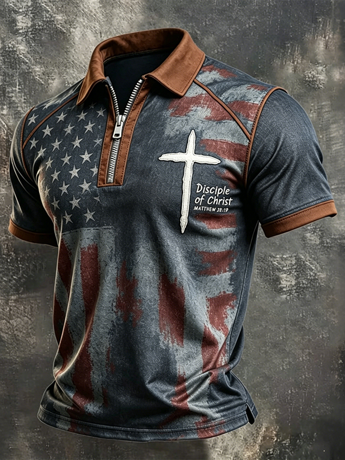 Disciple Of Christ Matthew 28:19 USA Flag Christian Zip Polo Shirt