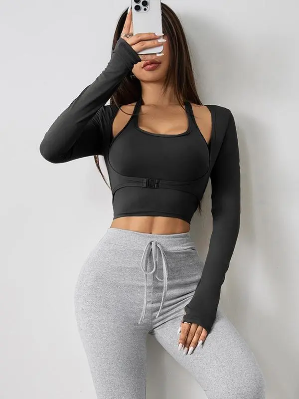 Women's Halter Crop Tank Top & Thumb Hole Sports Tee Set