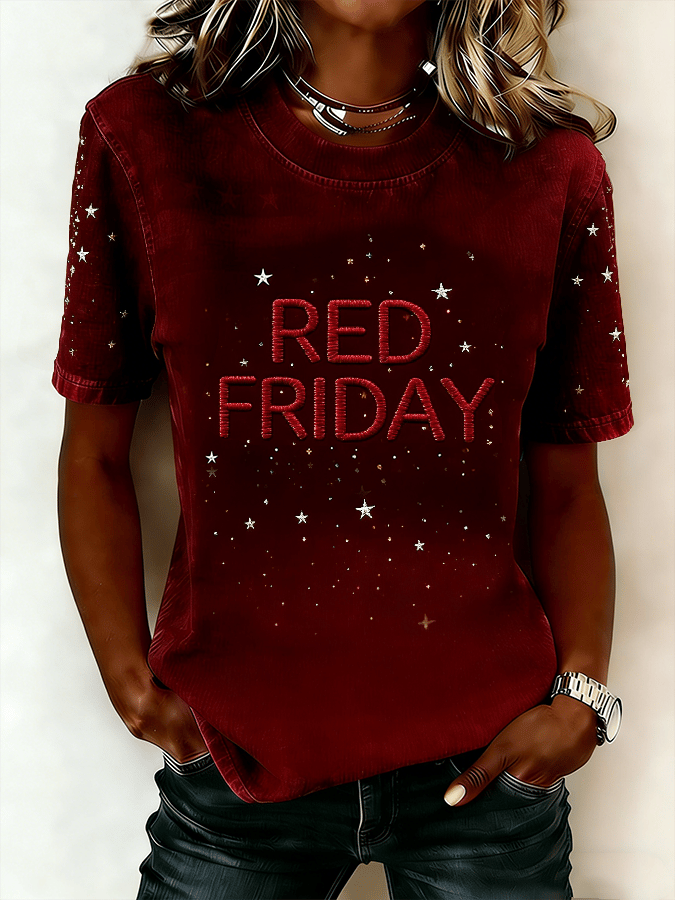 Women's Casual Red Friday Print Short-Sleeve T-Shirt