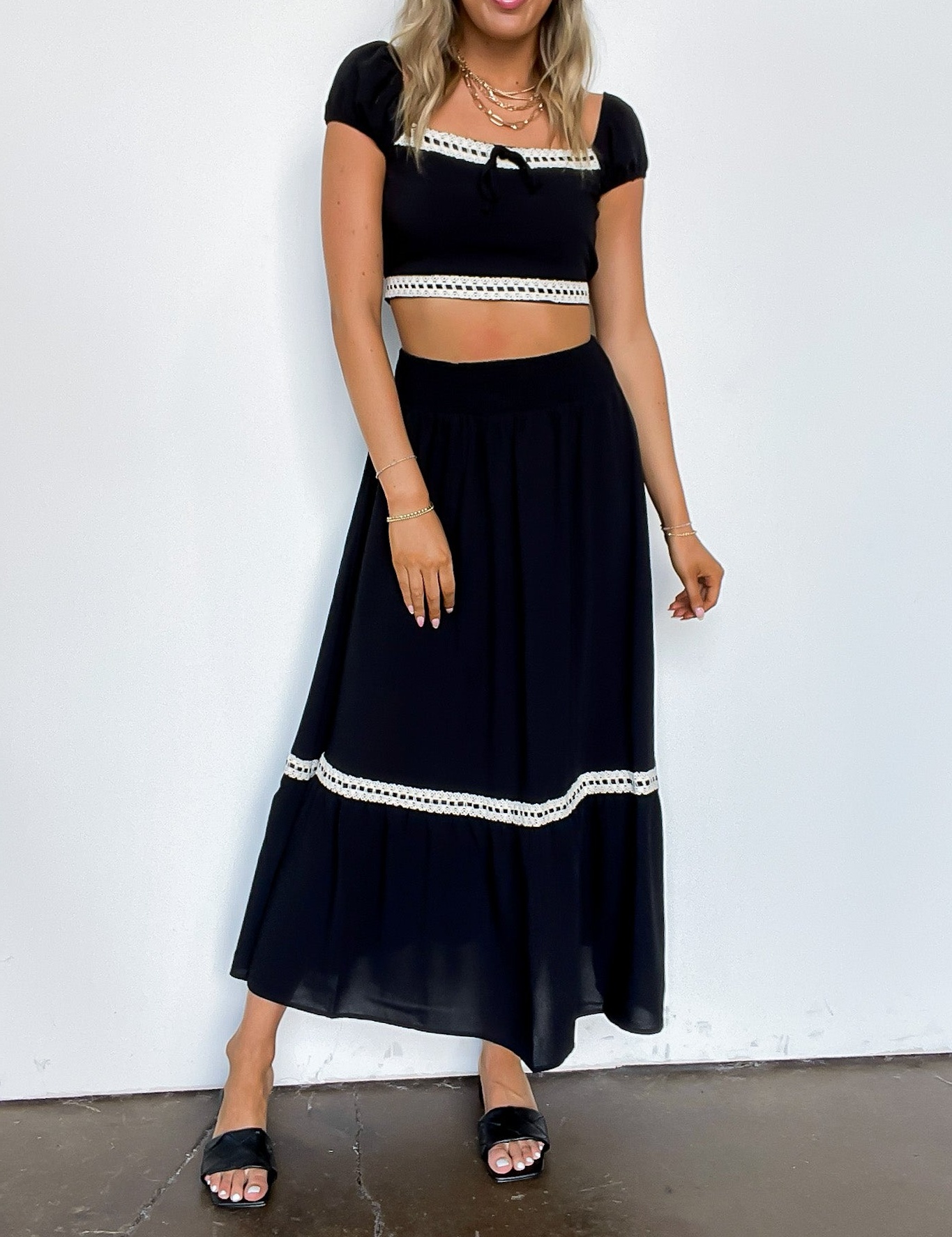 Midnight Lace Contrast Trim Smocked Waist Midi Skirt and Top Set