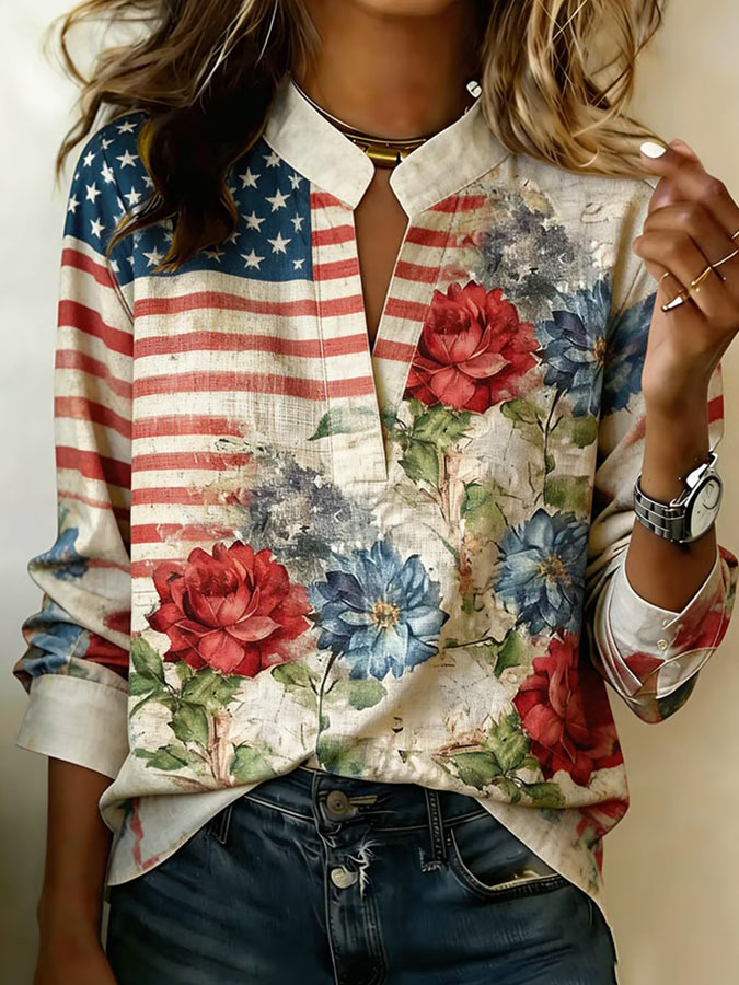 Women's Retro American Independence Day 250th Anniversary Flower Art Printed V-neck Long Sleeve Shirt