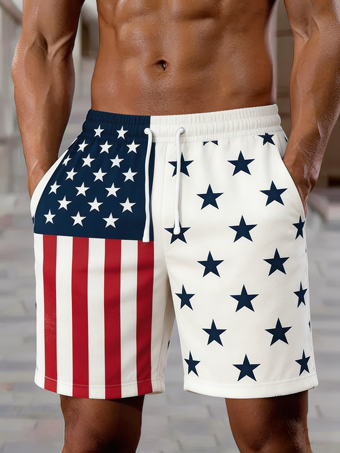 Men's Asymmetrical American Flag Print Casual Shorts