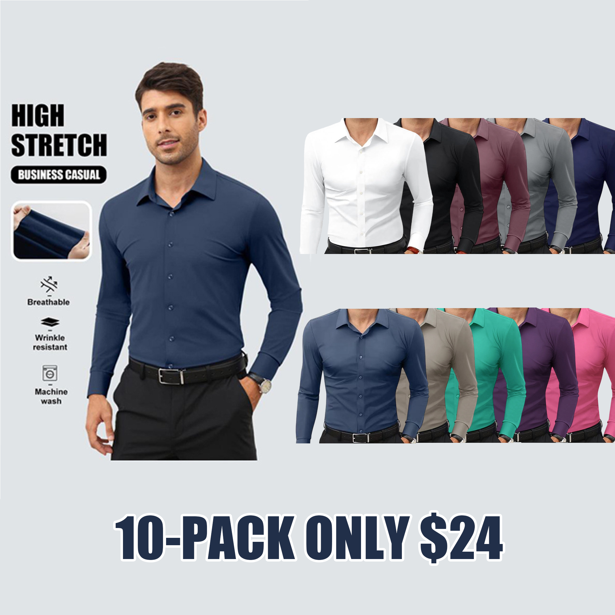 🔥Last Day Promotion!🔥Men’s Stretch Slim-Fit Long Sleeve Dress Shirt
