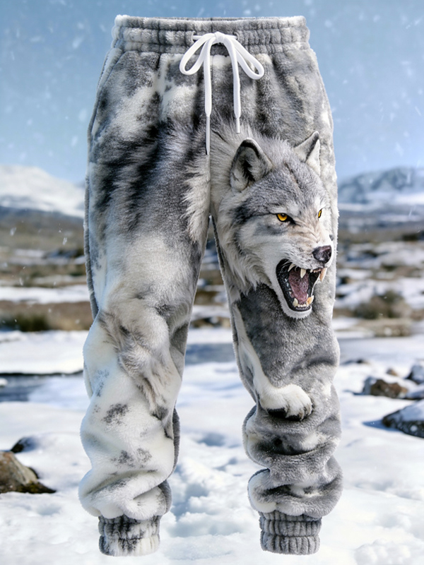 Men's Wolf Roar Print Casual Flannel Pants
