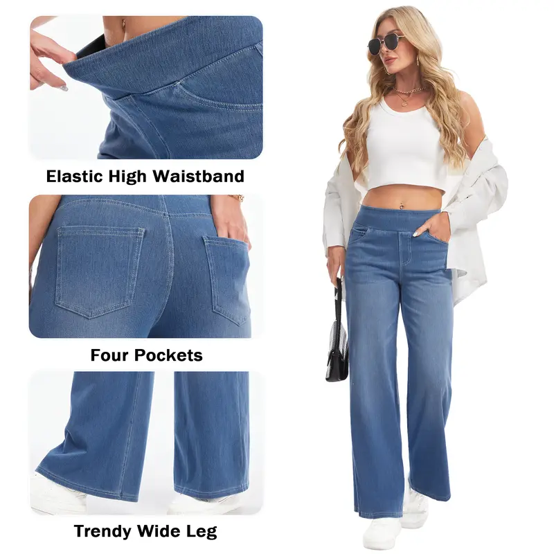 Women's Stretch Wide-Leg Jeans — Loose Fit, High-Waisted with Elastic Band