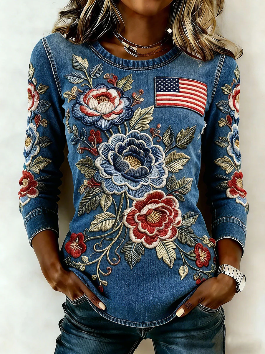 American Retro Floral Flag Sticker Embroidered Top