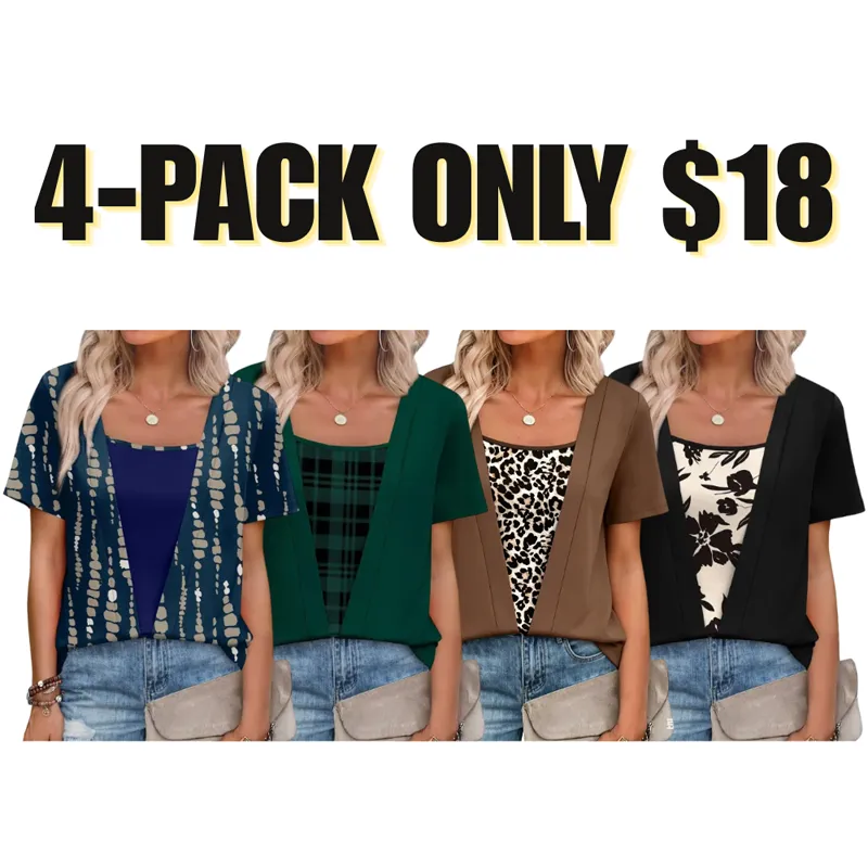 🔥8-PACK $24 - Women's 2-in-1 Short Sleeve Summer Casual Blouse