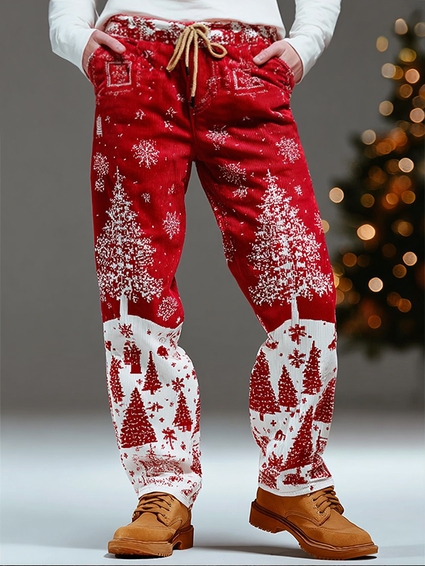 Men's Christmas Trees Snowflakes Print Corduroy Pants