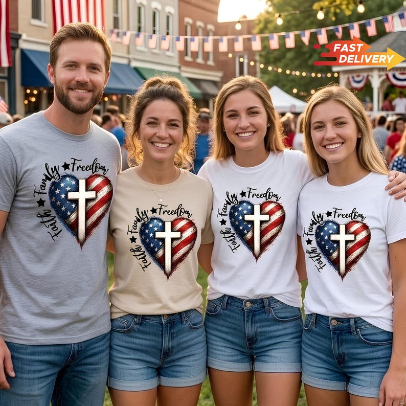 Faith Family Freedom Cross Shirt, Patriotic Christian 4th of July Tee