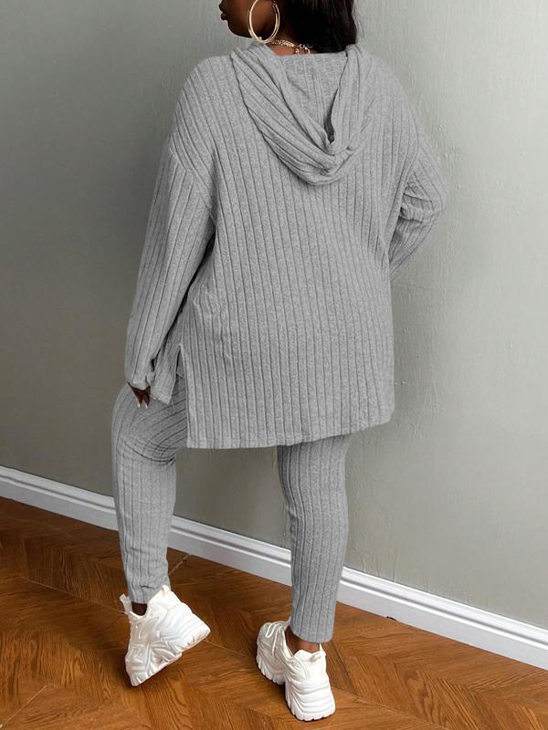 [Plus Size]Women's Two-Piece Set Solid Textured Ribbed Drop Shoulder Hoodie & Elastic Waist Pants, Casual Fashion Cozy Ribbed Outfits