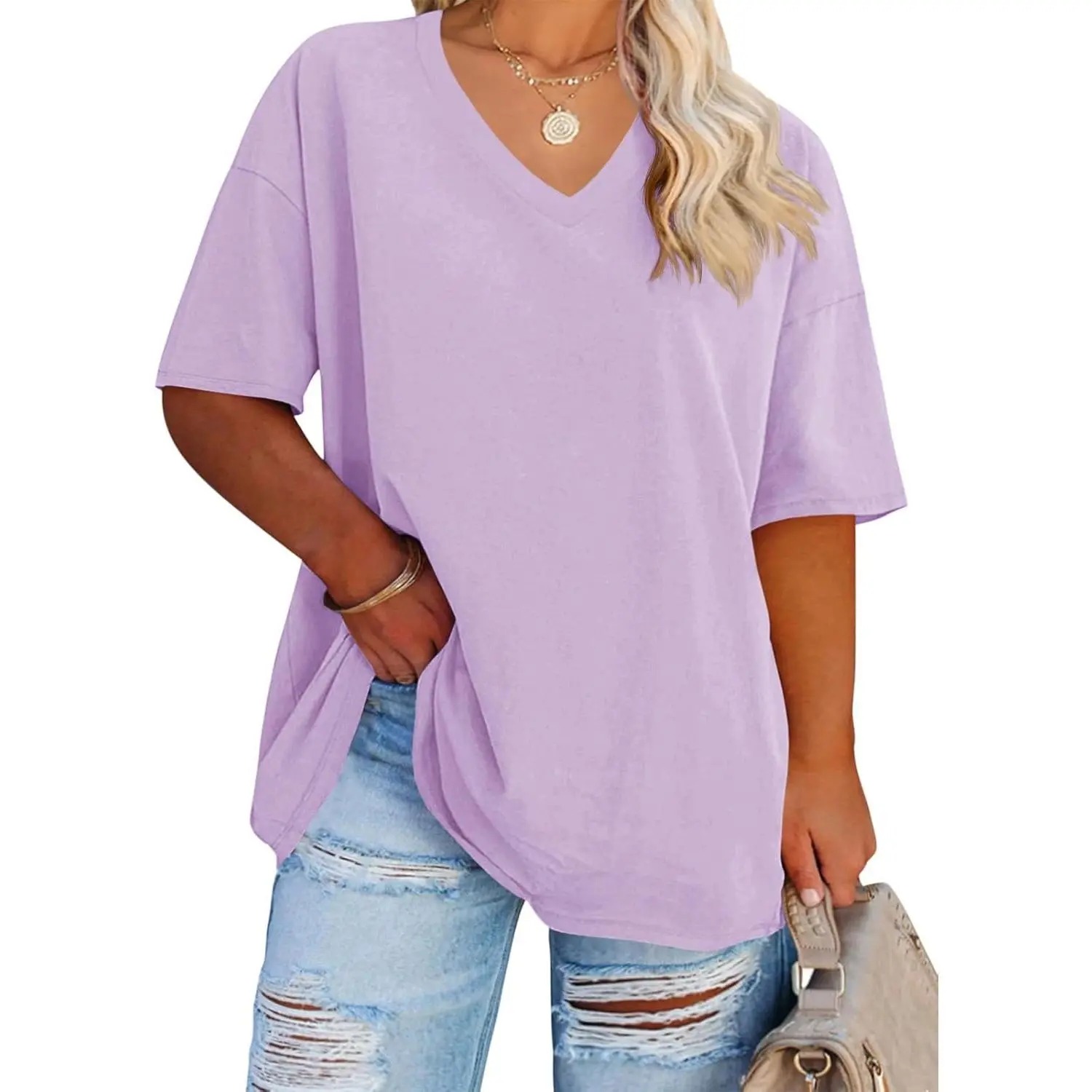 Women's V-Neck Short Sleeve Tunic Top Casual Loose Fit Soft Cotton Summer Tee