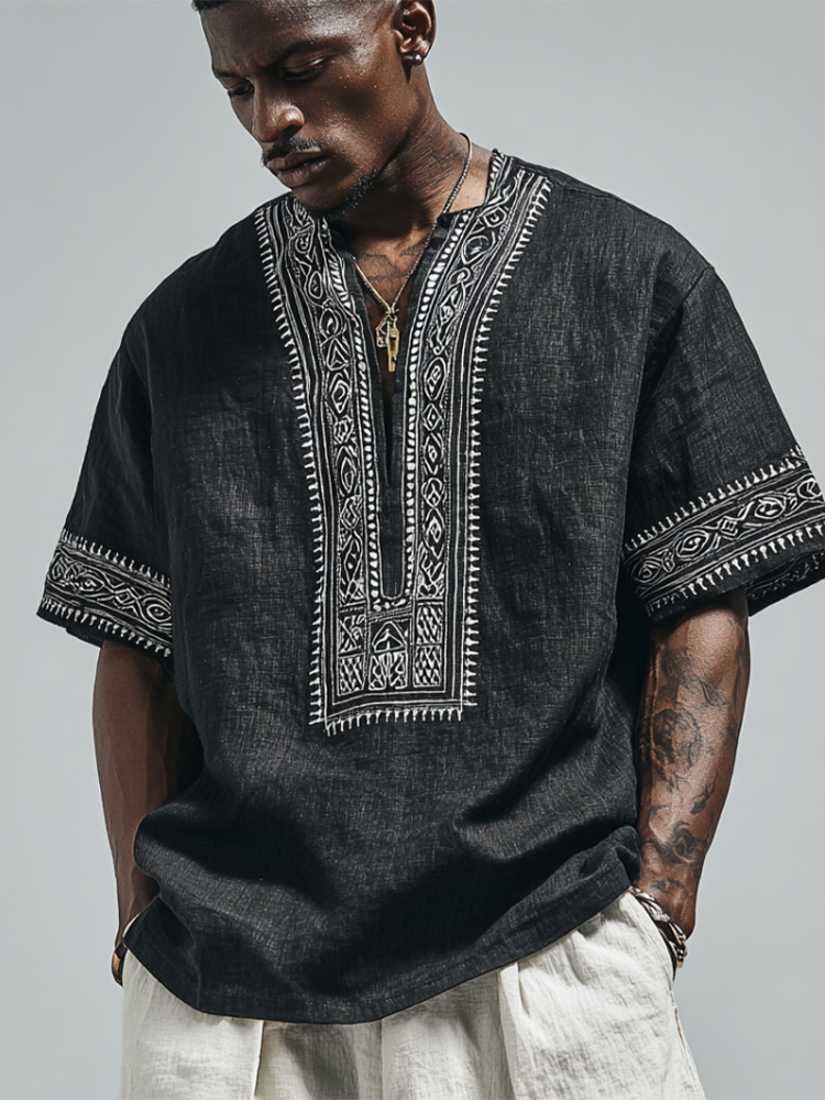 Egyptian Retro Cotton And Linen V-neck Short-sleeved Shirt