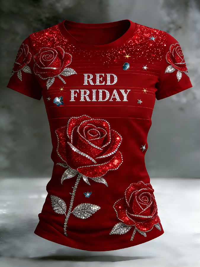 Women's Casual Red Friday Print Short-Sleeve T-Shirt