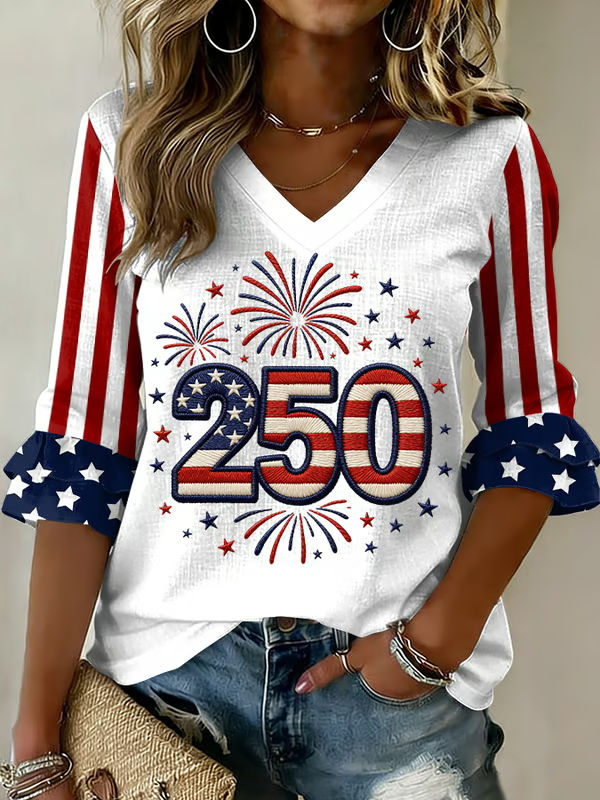 Ladies' Casual 250Th Anniversary Of The Founding Of The United States Printed V-Neck Half Blood T-Shirt