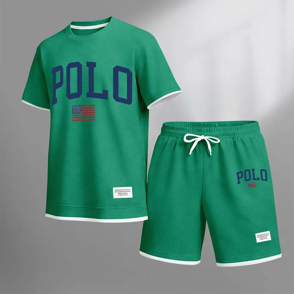 Men's Polo Print Drawstring Shorts Set For Spring/Summer. A Casual Summer Outfit