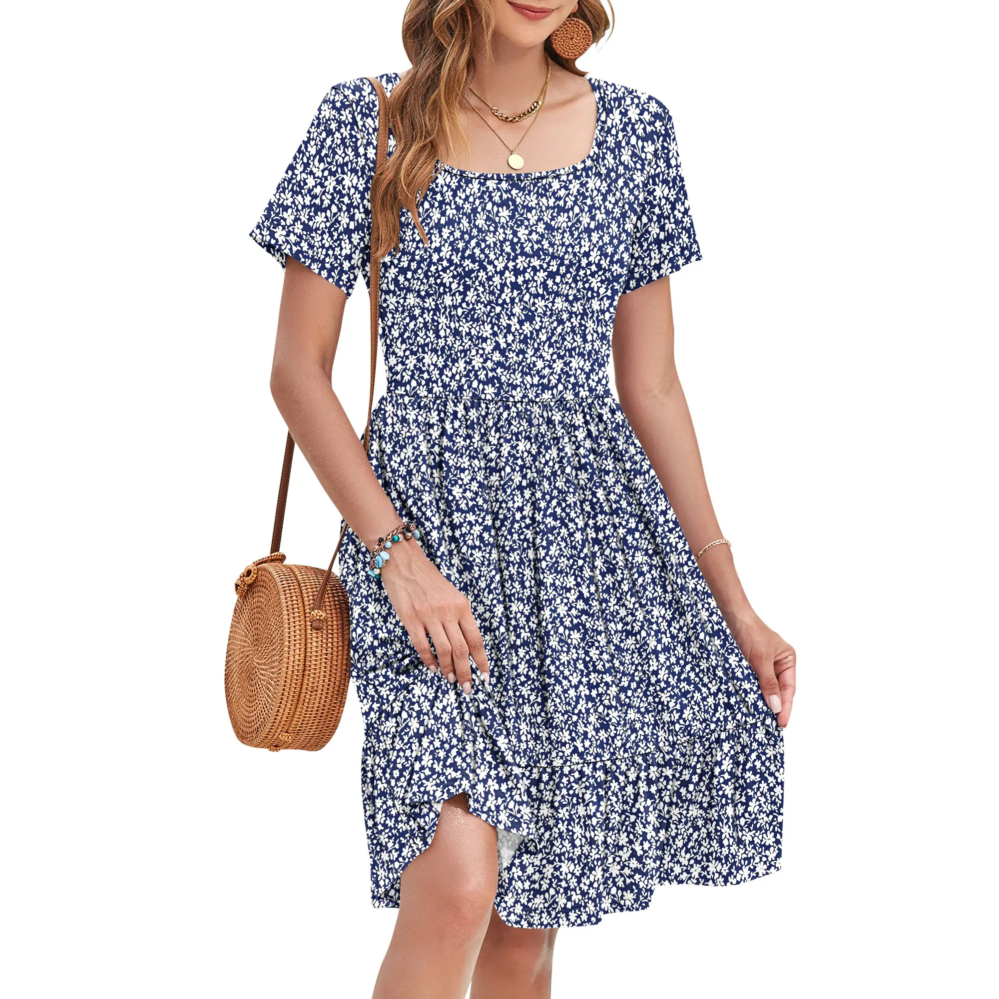 Women's Square-Neck Floral Short-Sleeve Dress (with Pockets)