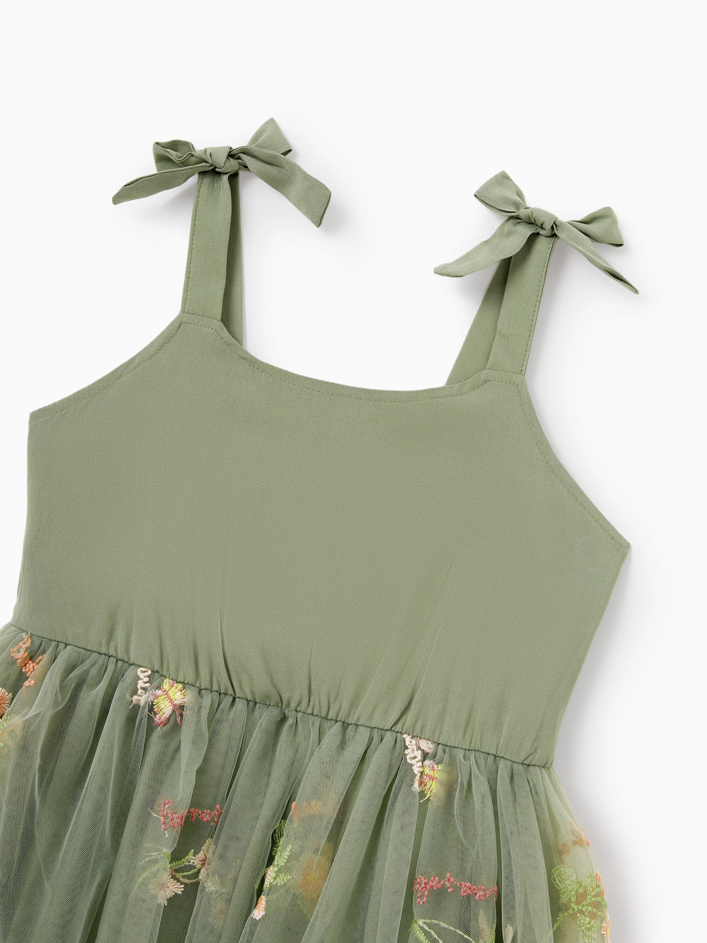 Family Matching Polo Collar Short-sleeve Shirt or V-neck Strappy Mesh Dress  Green