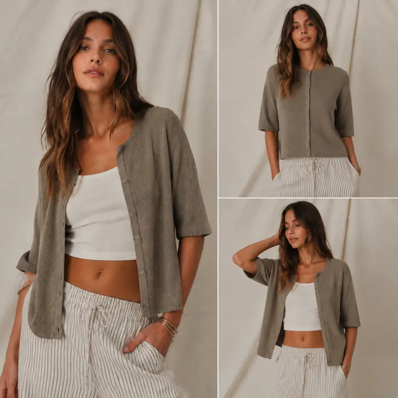 Women's Short-Sleeve Cardigan Sweater — Crew Neck, Soft Rib-Knit, Button-Front Top