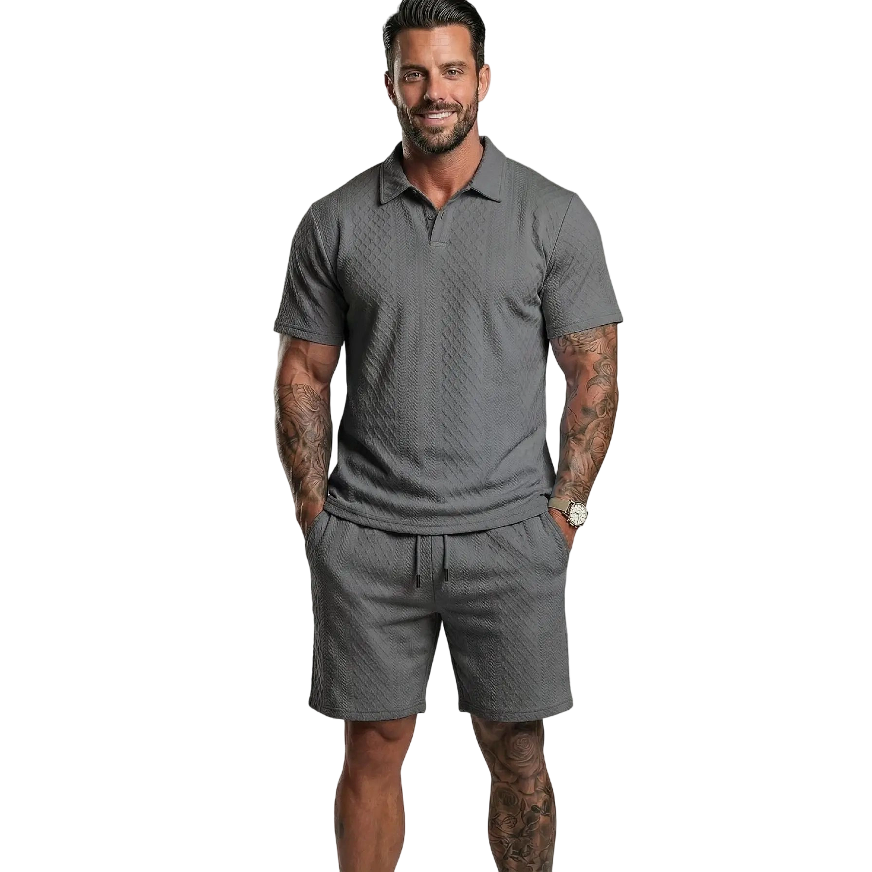 Men’s Polo Shirt & Drawstring Shorts Set – Breathable Casual 2-Piece Outfit