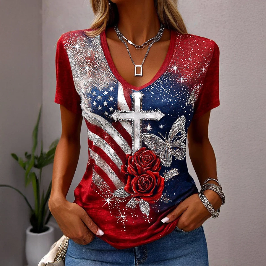 250Th Anniversary Of The Founding Of The United States Women'S Casual Brick Printed V-Neck T-Shirt